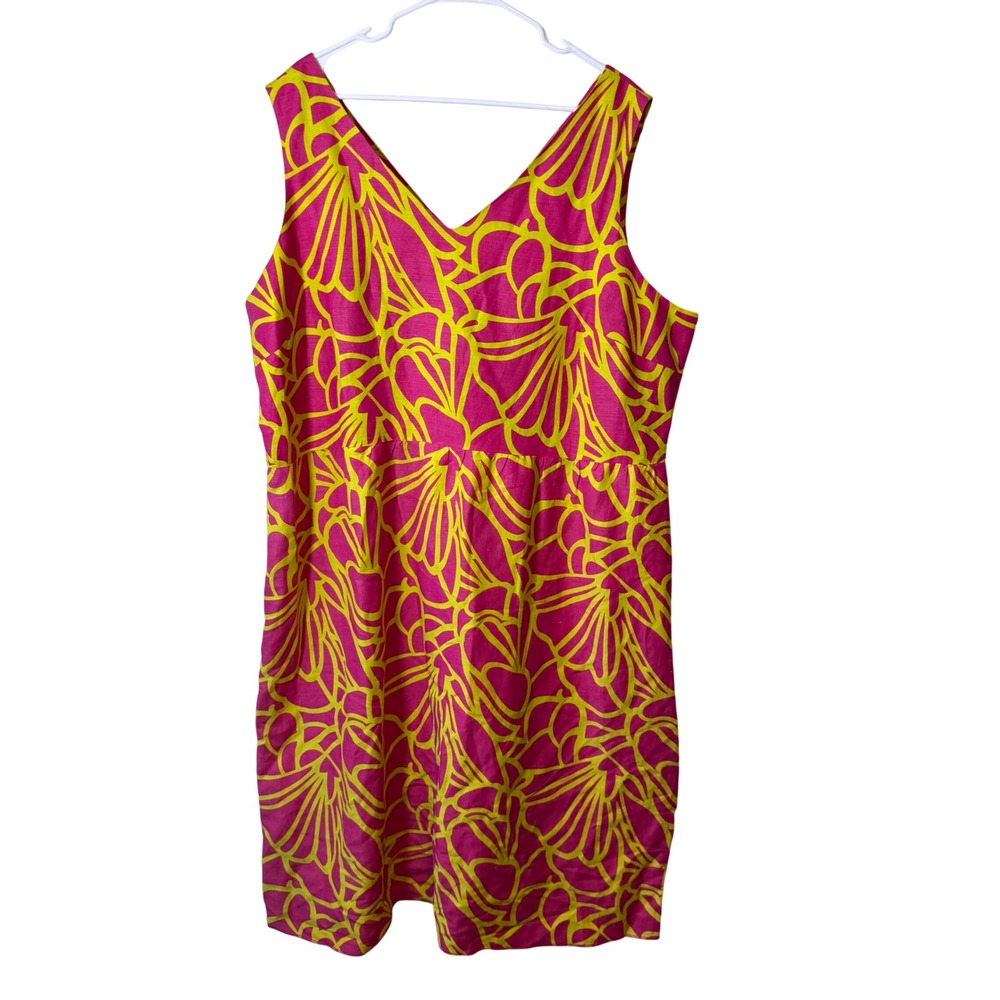 Pink Yellow Floral V-Neck Sleeveless Linen Blend Dress Sz 24‎ Vacation Tropical
